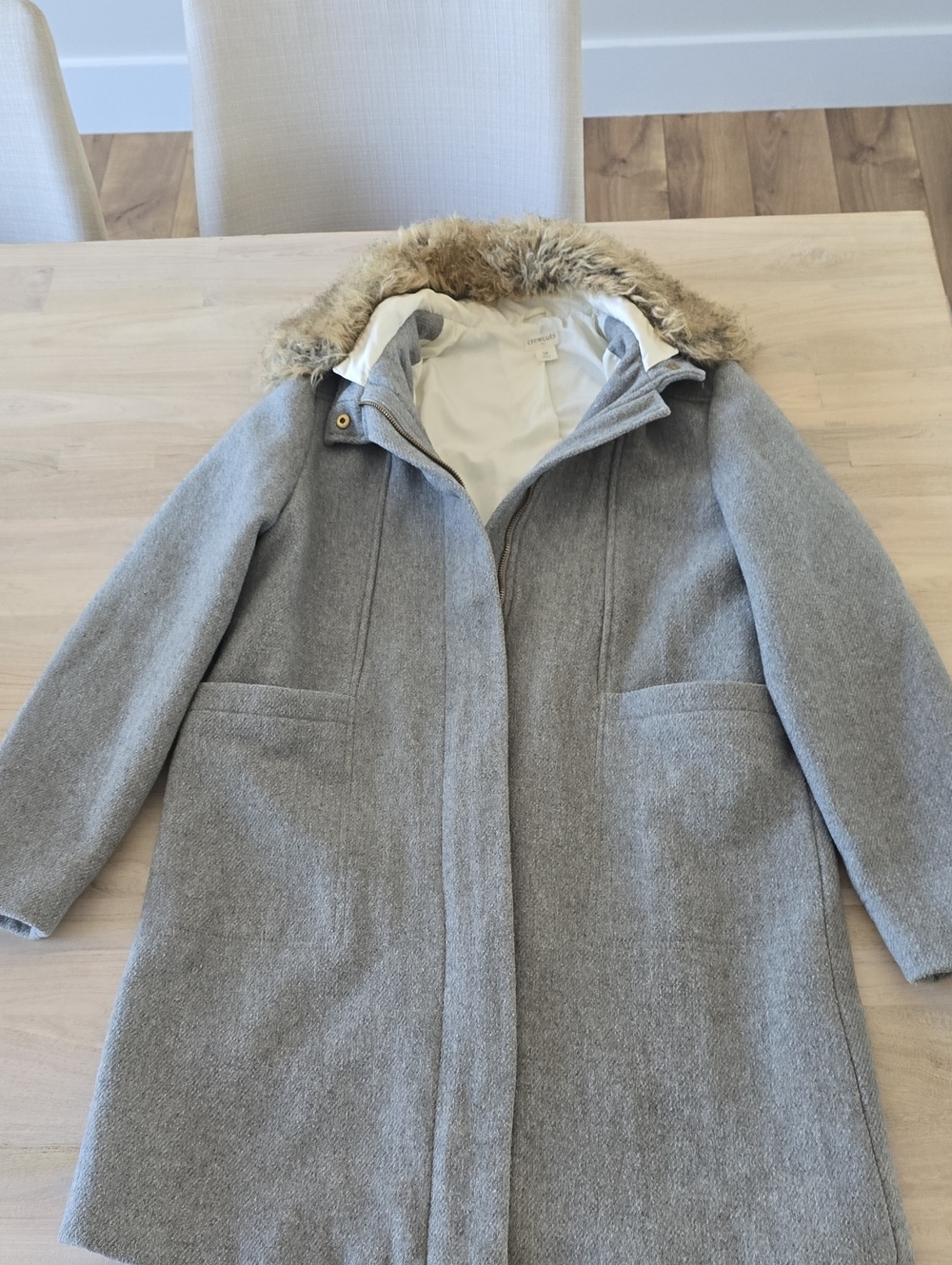 Crewcats, J. Crew Gray Trench Coat with Faux-Fur Hood Trim